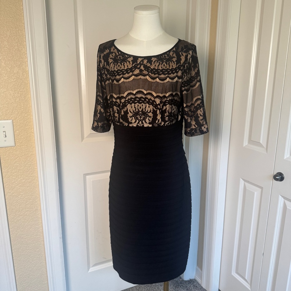Adrianna Papell Lace Top Black Sheath Dress Size 10 Nude Lining Cocktail